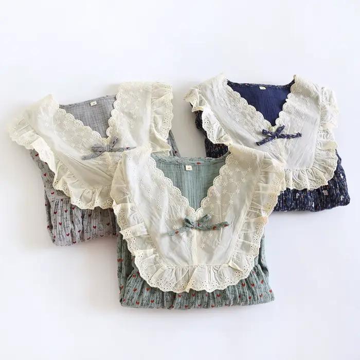 Vintage Cottagecore chemise de nuit pour femmes col en dentelle Style français robe de nuit doux 100% coton gaze vêtements de détente robe de maternité