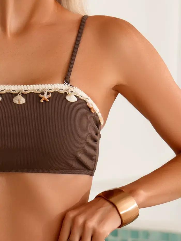 Ensemble de bikini sexy 2026 pour femme, orné de coquillages et d'étoiles de mer, avec soutien-gorge push-up et maillot de bain taille haute à cordon de serrage sur les côtés