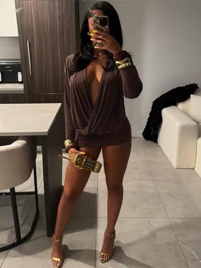 Nibber Croix Profond V-Cou Robe Femmes Plein Manches Stretch Solide Minuit Rue Clubwear Parti Automne Tendance Élégant Mini Moulante