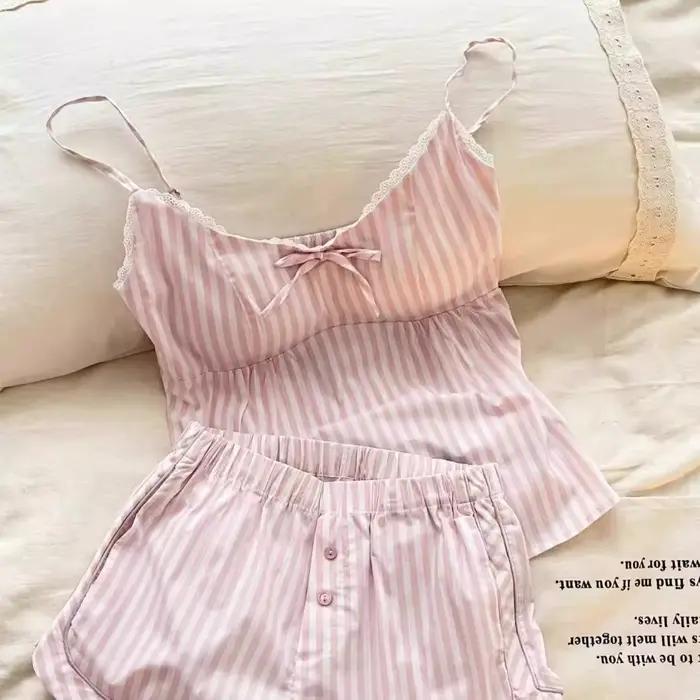 Ensemble de pyjama mignon et doux à nœud papillon, sans manches, coupe ample, deux pièces, bretelles spaghetti, vêtements de nuit, tenue d'intérieur