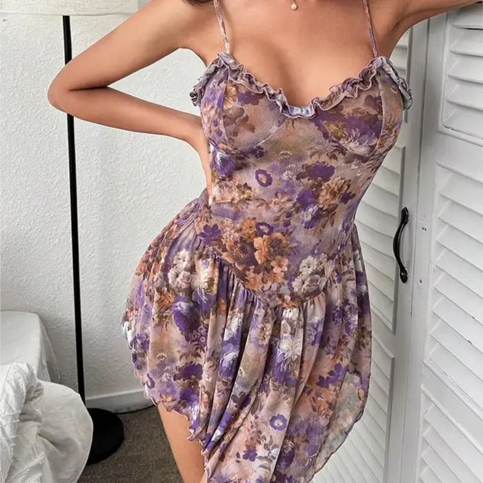 Chemise de nuit camisole florale mini jupe avec dentelle sexy chemises