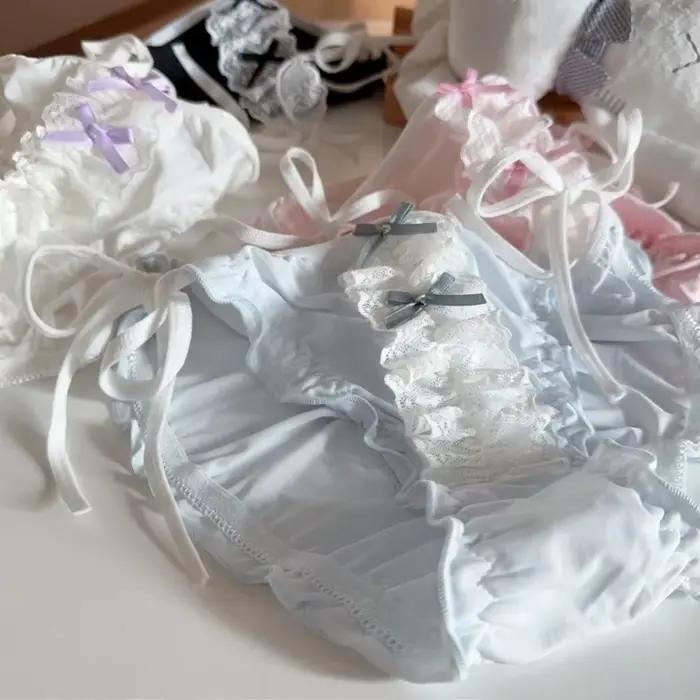 Culottes taille basse en dentelle, lingerie à nœud papillon, culottes en soie glacée, culottes Lolita à lacets pour femmes