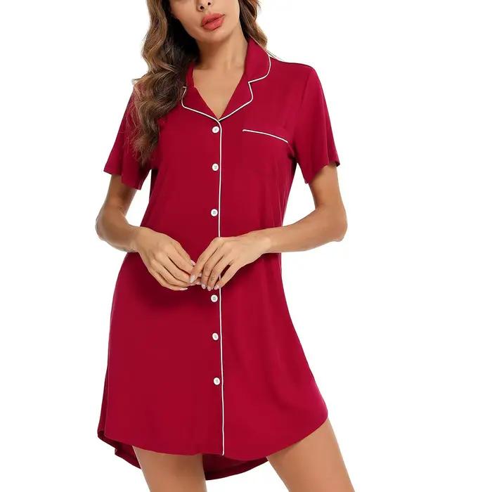 Chemise de nuit boutonnée à manches courtes pour femmes, chemise de nuit monochrome, vêtements de nuit pour dames, pyjama pour la maison