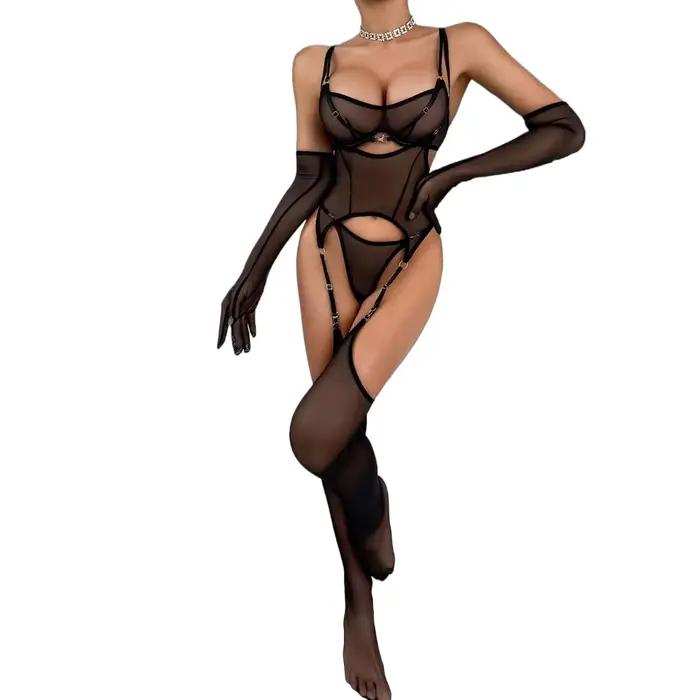 Ensemble de lingerie féminine sensuelle et sexy 5 pièces en maille transparente