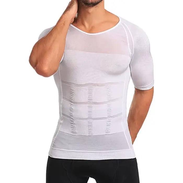Hommes corps Shapers Fitness élastique Abdomen ajustement serré à manches courtes chemise débardeurs forme sous-vêtements minceur seins façonnage