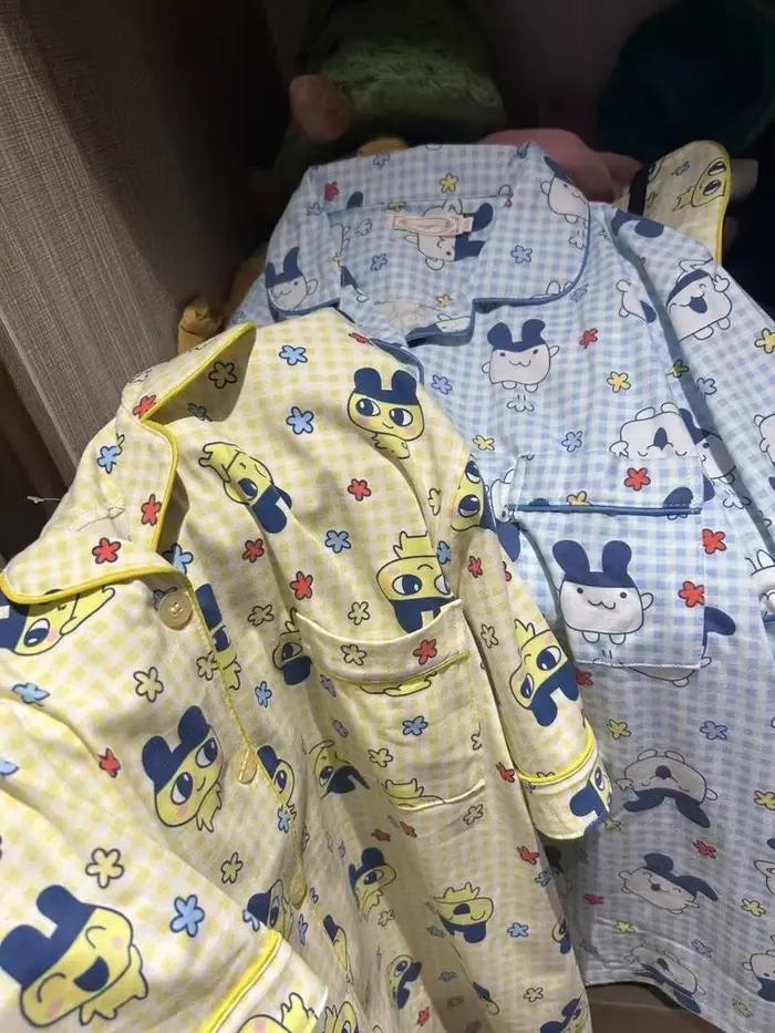 Ensemble de pyjama en coton pour femmes Mameiji, motif à carreaux bleu, mignon dessin animé Tamagot Chi, manches courtes, shorts, vêtements de détente fins et doux pour l'été