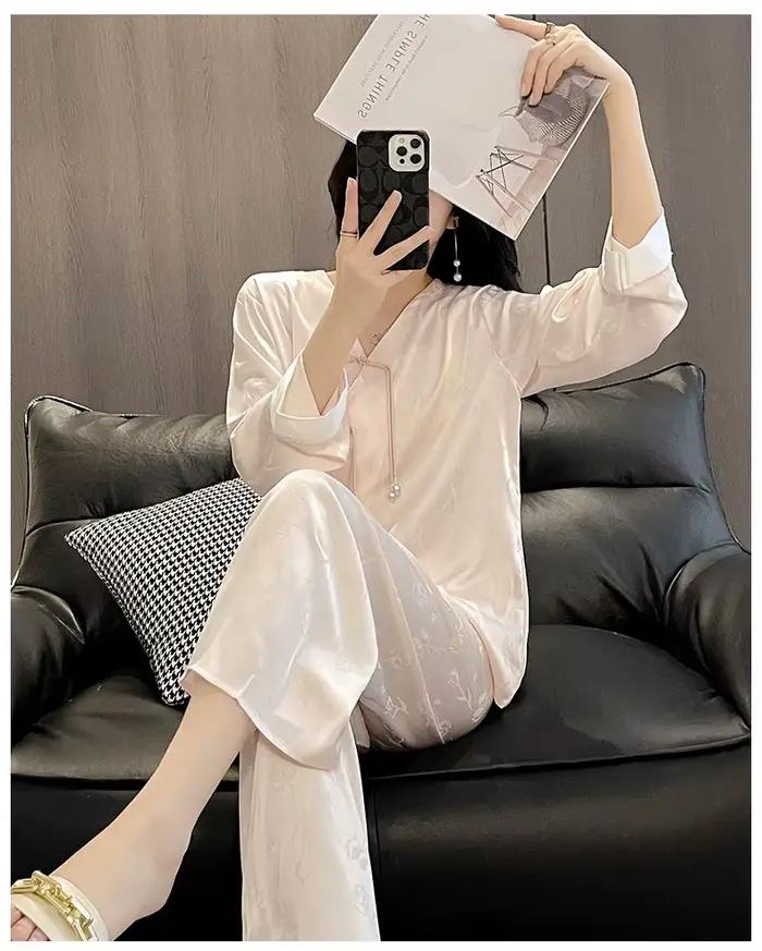 Pijama Feminino mode nouveau soie Satin ensemble de vêtements de nuit Style Vintage maison