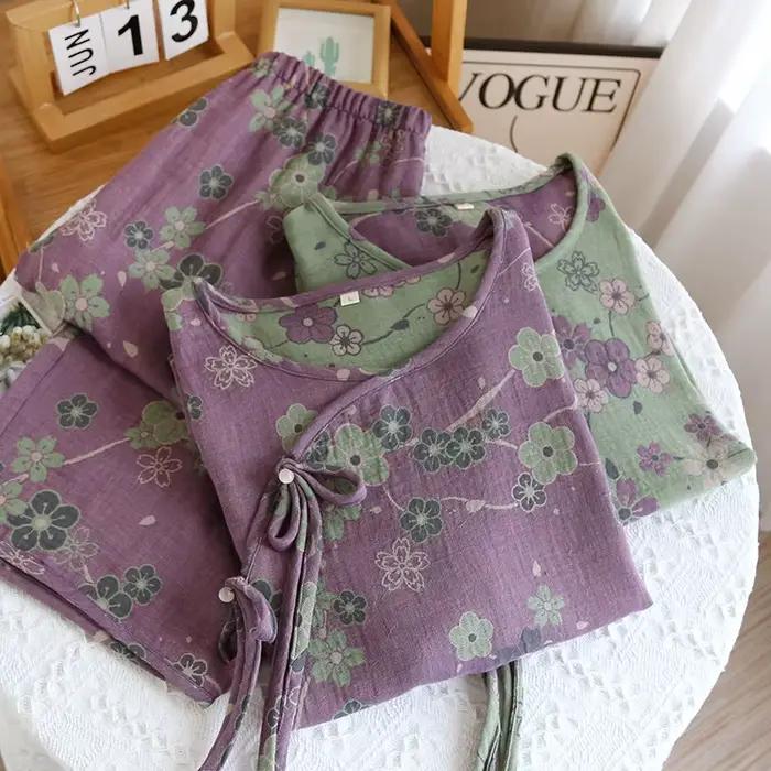 100% Cotton Night Wears For Women Nightie Print Sleepwear Pajamas Set Spring Autumn Long Sleeve Women's Pyjamas Suit Female
