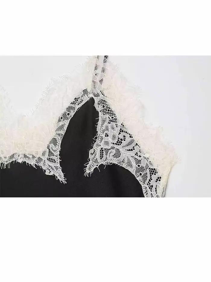 HH été femme mode Sexy sans manches dos nu dentelle décoration soie Satin Texture Camisole haut