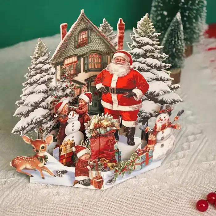 Carte de noël 3D, scène de nuit avant noël avec père noël, renne, Village enneigé et ciel clair de lune, carte de vœux de vacances Festive F