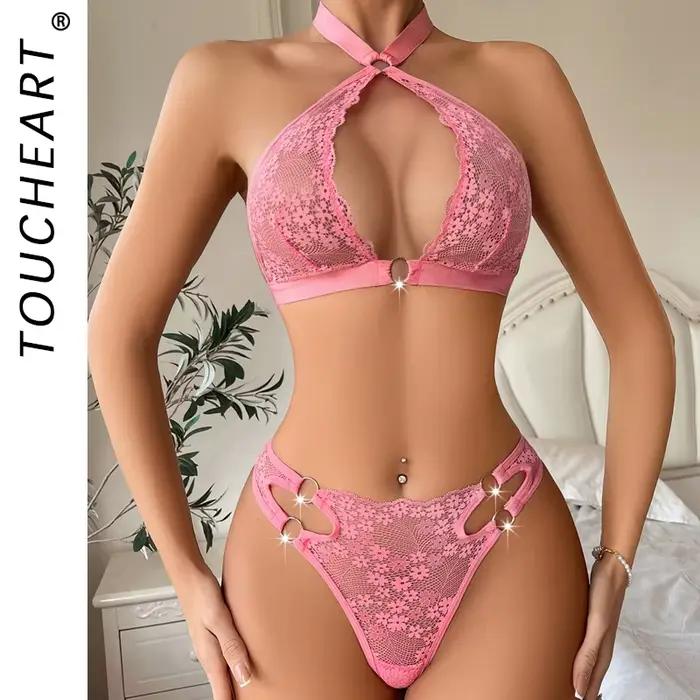 Toucheart-Ensemble de lingerie en dentelle florale pour femme, bonnet triangulaire, licou transparent, sous-vêtements sexy, ensemble de lingerie de luxe 7.0, 2 pièces
