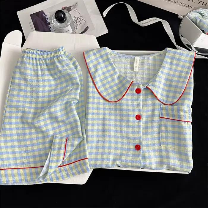 Ensemble pyjama d'été pour femmes, salon coréen, manches courtes, costume en crêpe à bulles, pyjama pour filles, mignon cerise, vêtements de nuit pour enfants, vêtements de maison