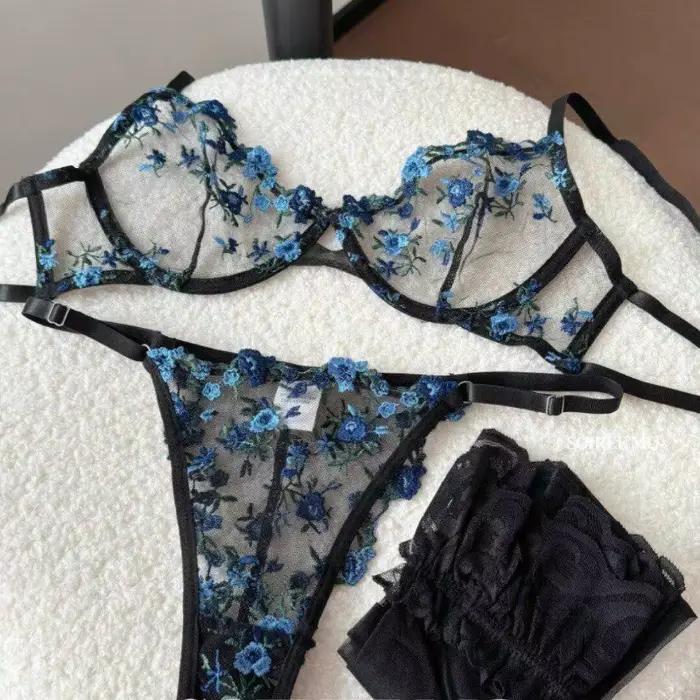 Soutien-gorge en dentelle transparente brodée en polyester nylon et élasthanne pour femmes avec armatures et remontée douce pour grandes poitrines lingerie sexy ensemble soutien-gorge et culotte