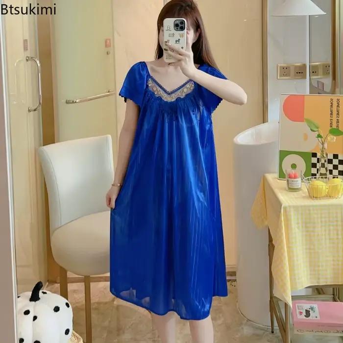 Chemises de nuit en soie glacée pour femmes robe de nuit longueur moyenne manches courtes vêtements de nuit sexy vêtements de maison pyjama pour dames occasions spéciales