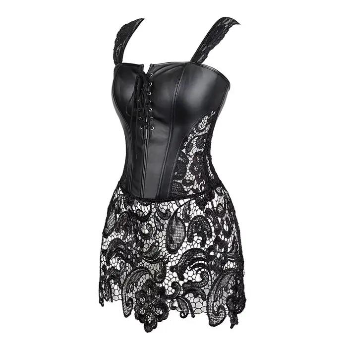 Steampunk Corset robe femmes gothique Sexy Faux cuir fermeture éclair Bustier dentelle jupe noir rouge Corselet Clubwear