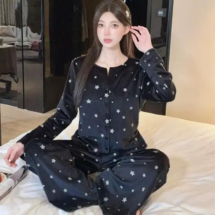 Nouveau velours 3 pièces Pyjamas ensemble maison vêtements doux noir déshabillé en dentelle à manches longues pantalon