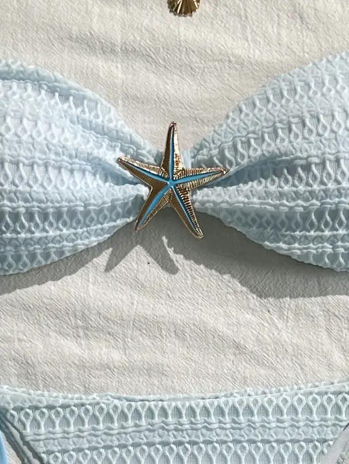 Sexy bleu ciel Micro Bikini 2026 femmes métal étoile de mer ornement plissé Push Up cravate côté string maillot de bain