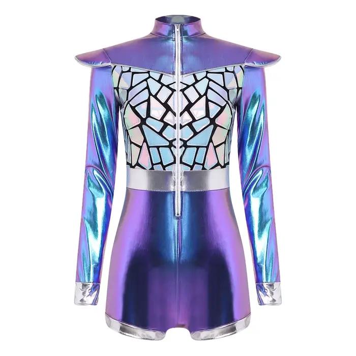 Combinaison scintillante métallisée pour femme, tenue de soirée, festival, club, avec paillettes, manches longues, fermeture éclair sur le devant, bas court, combinaison
