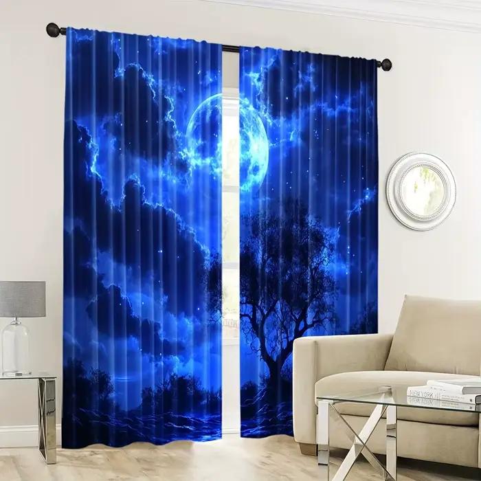 Rideaux Bleus Ciel Nocturne Pleine Lune, Rideaux Bleus Foncés Imprimés Paysage Mystique Nuageux Étoilé pour Chambre, Salon, Bureau, Maison