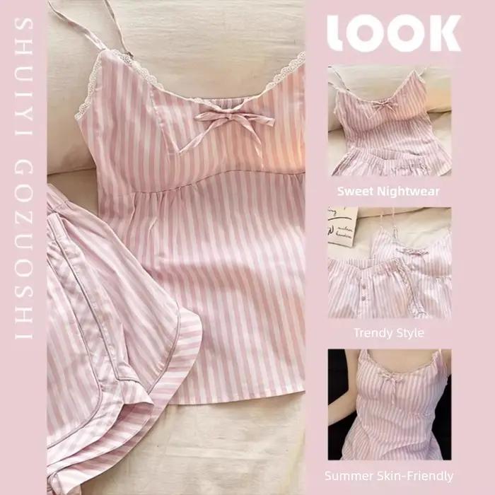 Ensemble de pyjama mignon et doux à nœud papillon, sans manches, coupe ample, deux pièces, bretelles spaghetti, vêtements de nuit, tenue d'intérieur