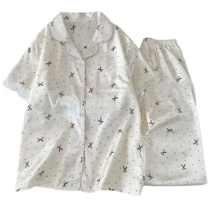 Nouveau Style coréen élégant jeunes dames pyjamas été nouveauté à manches courtes à pois nœud glace soie pyjama