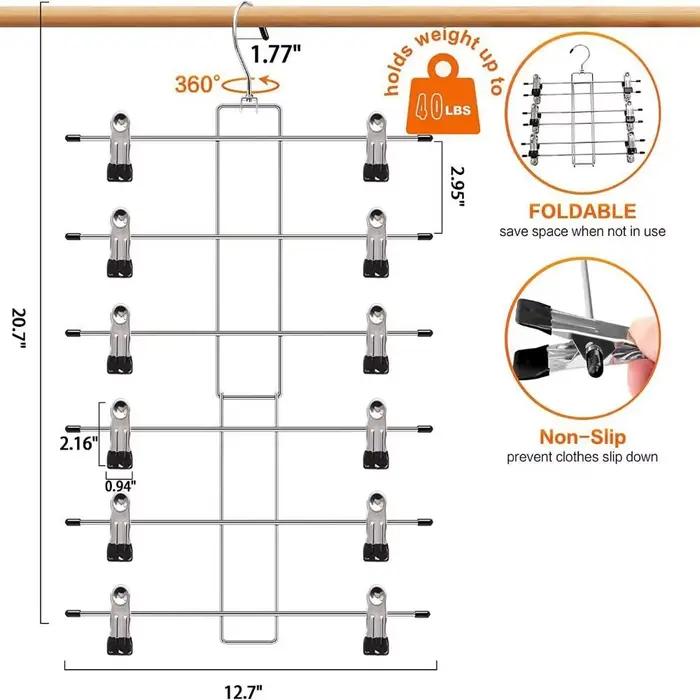 Cintres à 6 couches pour jupe et pantalon multicouches, Clips de suspension en métal antidérapants, support de rangement pour vêtements