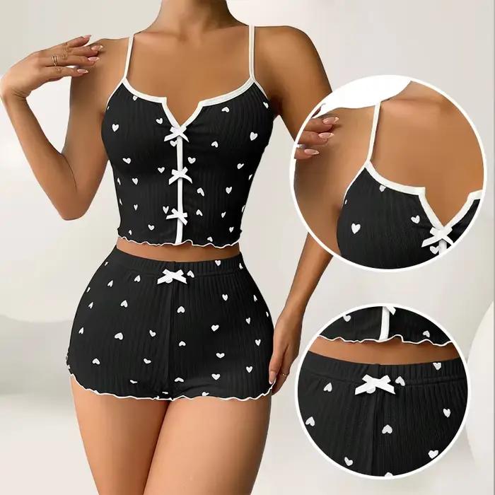 Ensemble de pyjama pour femme en tissu côtelé doux à imprimé cœurs
