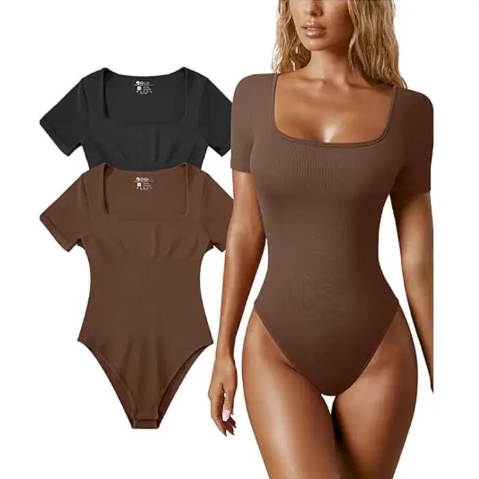 Dimmkof body Sexy côtelé une pièce col carré manches courtes
