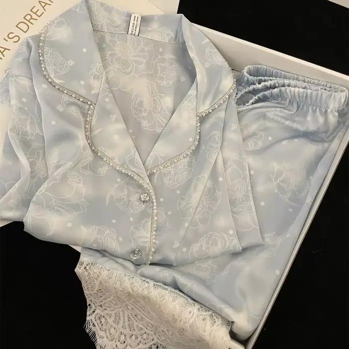 Soie deux pièces dames ensemble Pijama automne Floral à manches longues boutonné haut et pantalon vêtements de nuit