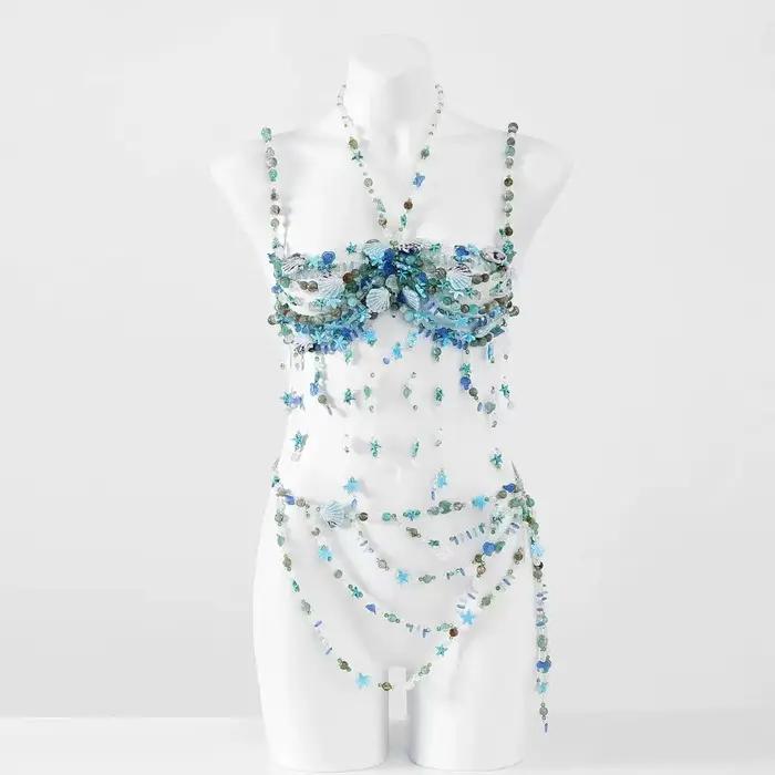 Bustier perlé pour femme, haut de bikini, vêtement de plage, lingerie, style club et rave, avec col en perles imposant