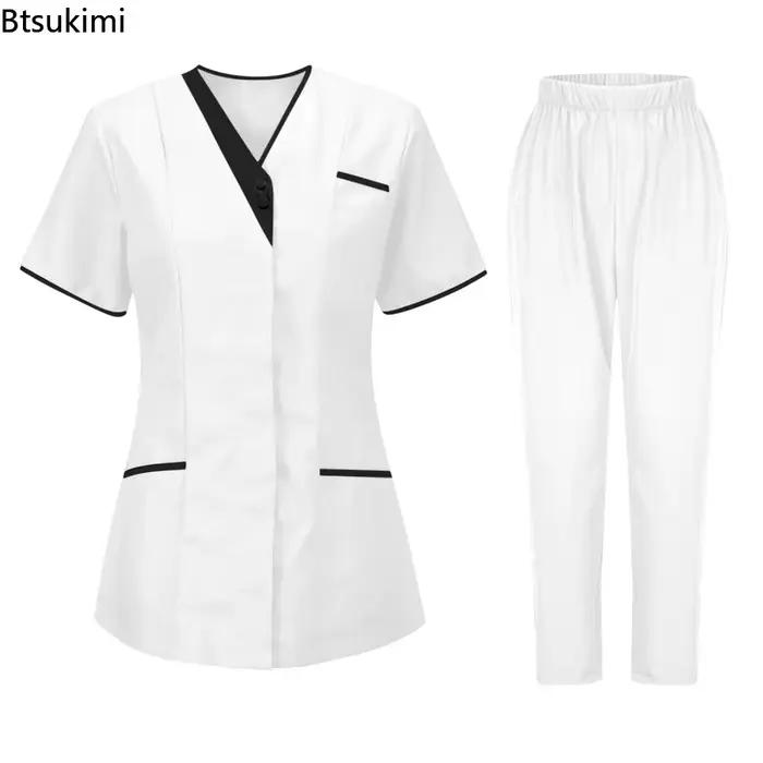 Nouveaux ensembles infirmiers 2026 – T-shirt d'été pour femme à col en V et boutons – Uniforme de travail pour infirmière – T-shirt médical pour hôpital et médecin