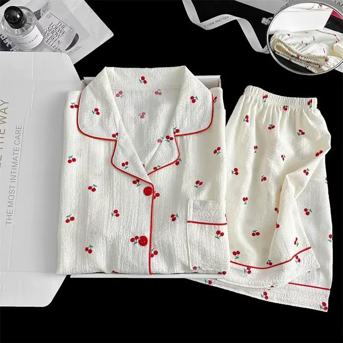 Ensemble pyjama d'été pour femmes, salon coréen, manches courtes, costume en crêpe à bulles, pyjama pour filles, mignon cerise, vêtements de nuit pour enfants, vêtements de maison