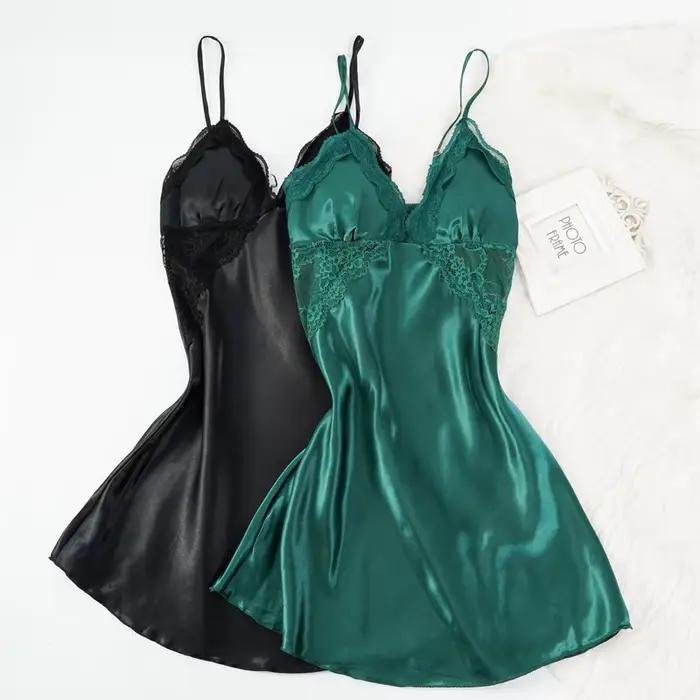 Liquidation vente femmes dentelle Sexy fronde chemise de nuit col en v vêtements de nuit solide dentelle garniture Homewear avec vêtements de nuit rembourrés M-3XL vêtements de nuit