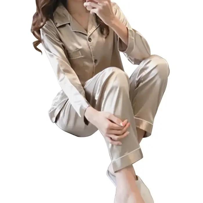 Pyjamas pour femmes tendance, vêtements de nuit à manches longues, pyjamas sexy, vêtements de nuit en 2 pièces, ensemble de pyjamas en satin de soie, taille plus 5XL