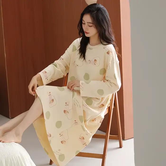 Nouvelle Robe de Nuit Femme à Manches Longues 100% Coton – Chemise de Nuit