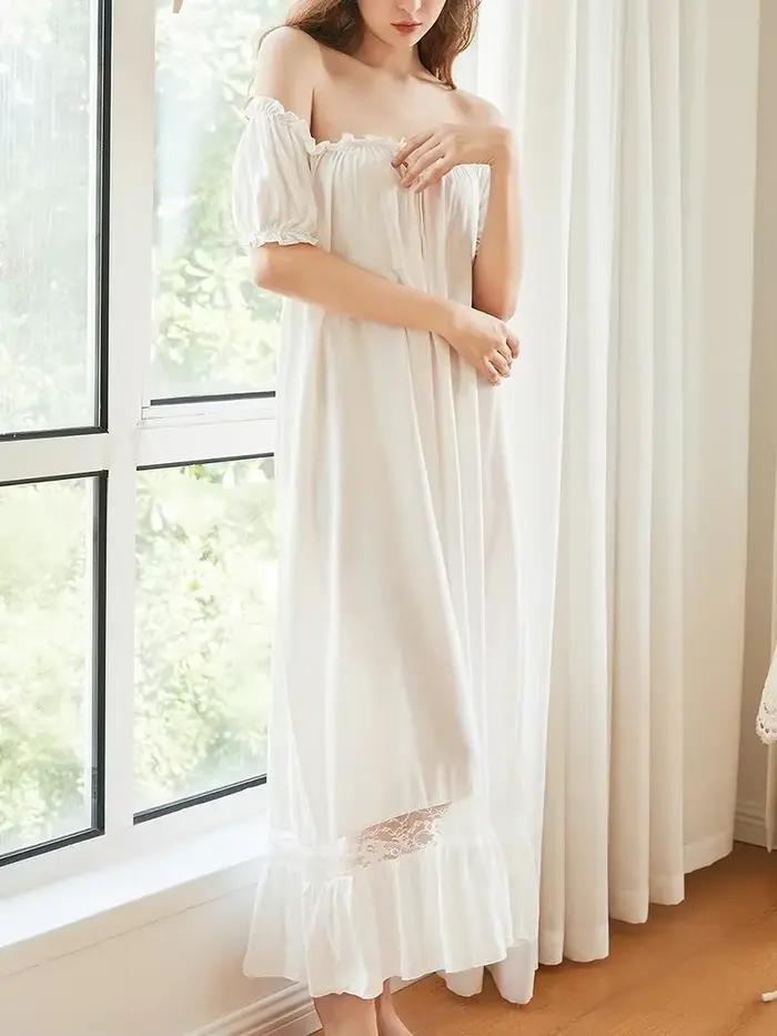 Chemise de nuit blanche à volants en coton pour femmes, vêtements de nuit dégradés, manches courtes, princesse victorienne, vintage, Lolita, adt Peignoir