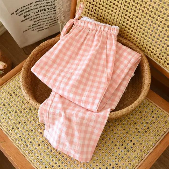 2026 nouveaux vêtements de nuit pour femmes 100% coton gaze dentelle pantalons à carreaux japonais minimaliste maison