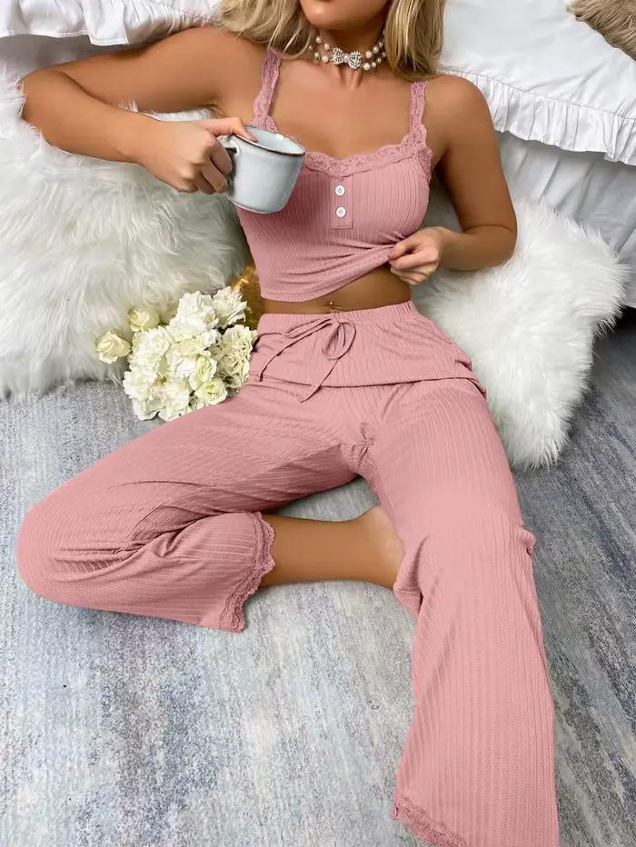 Nouvel ensemble de pyjama deux pièces pour femme avec bordure en dentelle de couleur unie