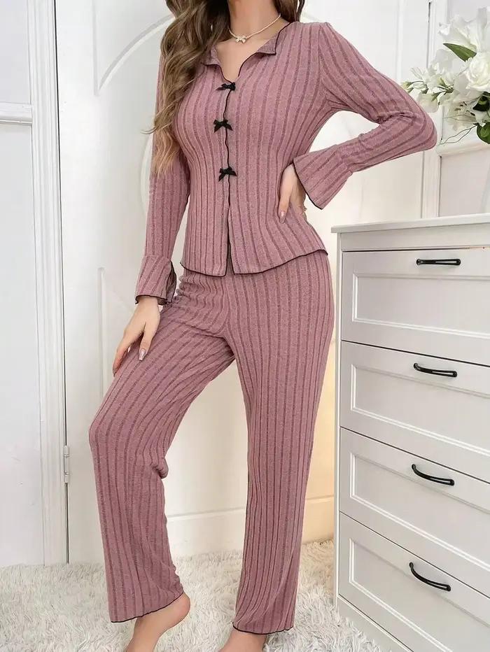 Ensemble pyjama chaud pour femme, vêtements de nuit, nœud à revers, mode, Sexy, manches longues, hauts et pantalons, costume de maison, automne et hiver