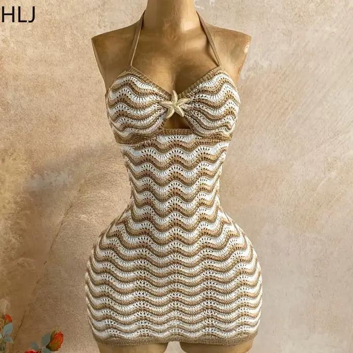 HLJ Robe moulante bohème rayée patchwork pour femme