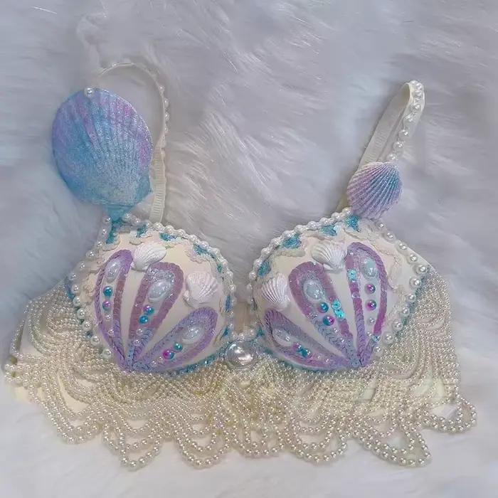 customized sparkling iridescent sequin shell bra pearl chain tassel pool party bra beach vacation pearl jacket belly dance bras
