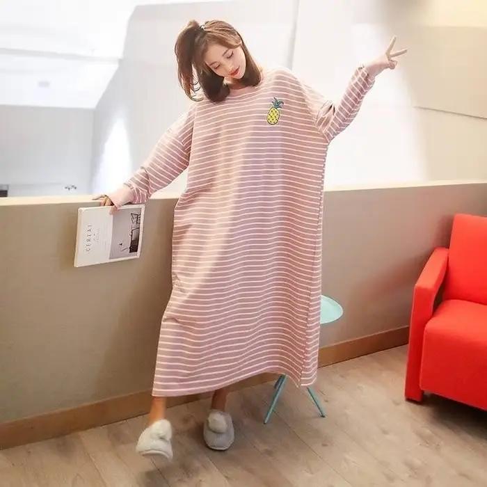Chemise de nuit femme M-5XL automne manches longues rinçage longueur rayé Preppy mn adolescents Kawaii loisirs vêtements