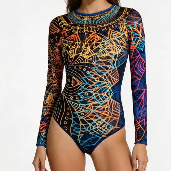 Nouveau maillot de bain une pièce pour femme, imprimé, élégant et sexy, à manches longues, avec couvre-poitrine, protection solaire, en tissu maillé