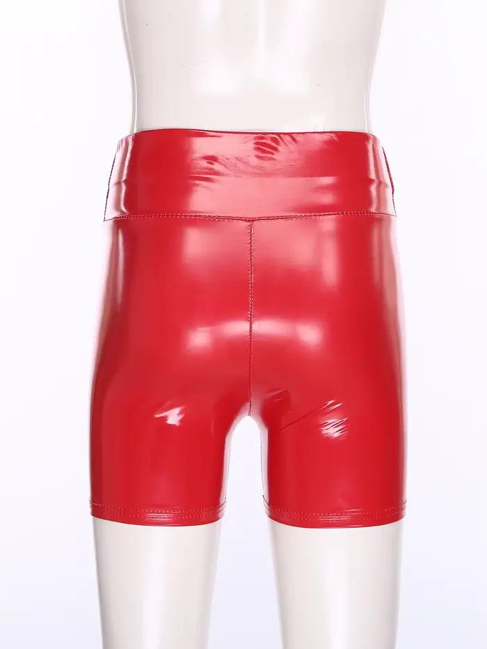 Shorts en similicuir PU taille haute effet mouillé pour femme