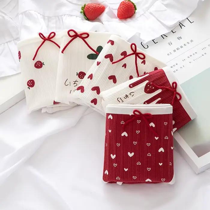 Culottes en coton pour femmes, sous-vêtements sexy, lingerie douce, culottes à lacets, imprimées fraises et cœurs