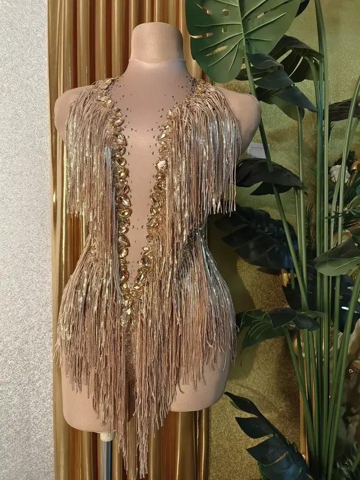Justaucorps à franges et strass scintillants pour femmes, tenue de discothèque, Costume de chanteur et de danseuse, vêtements de scène, body de Performance Sexy