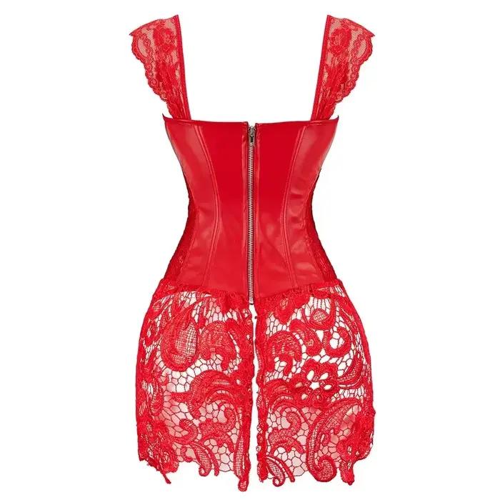 Steampunk Corset robe femmes gothique Sexy Faux cuir fermeture éclair Bustier dentelle jupe noir rouge Corselet Clubwear