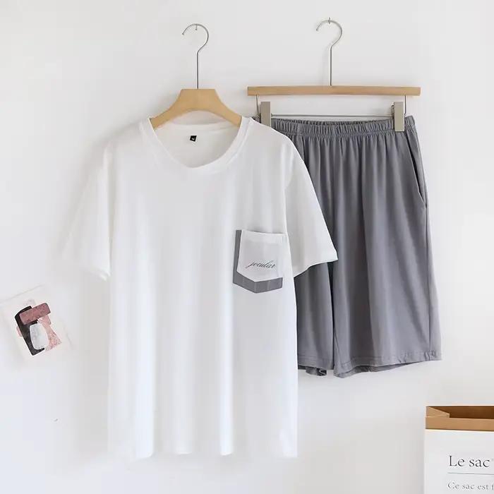 Japanese summer new men's pajamas short-sleeved shorts two-piece set 100% cotton knitted home clothes thin casual large size set