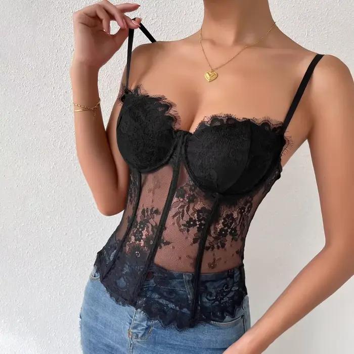 Corset Sexy en Dentelle Noire Transparente pour Femme