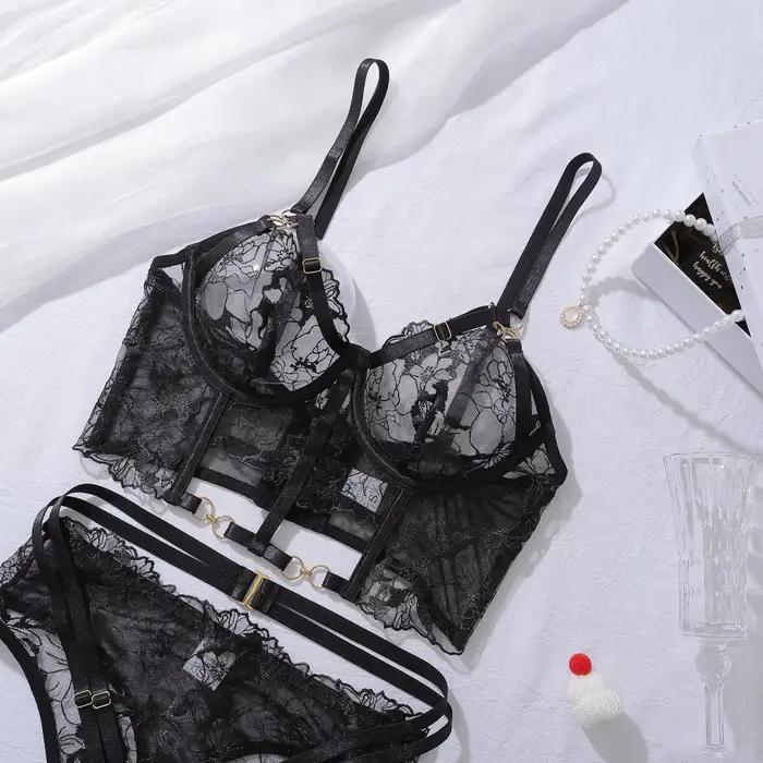 Dames intime luxe brodé fleur Sexy 4 pièces ensemble haut érotique coupe ajustée façonnage femmes